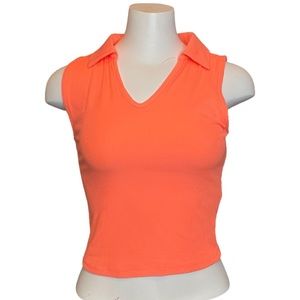 Neon Pink Cropped Collared Shirt Cotton Blend Ribbed Medium